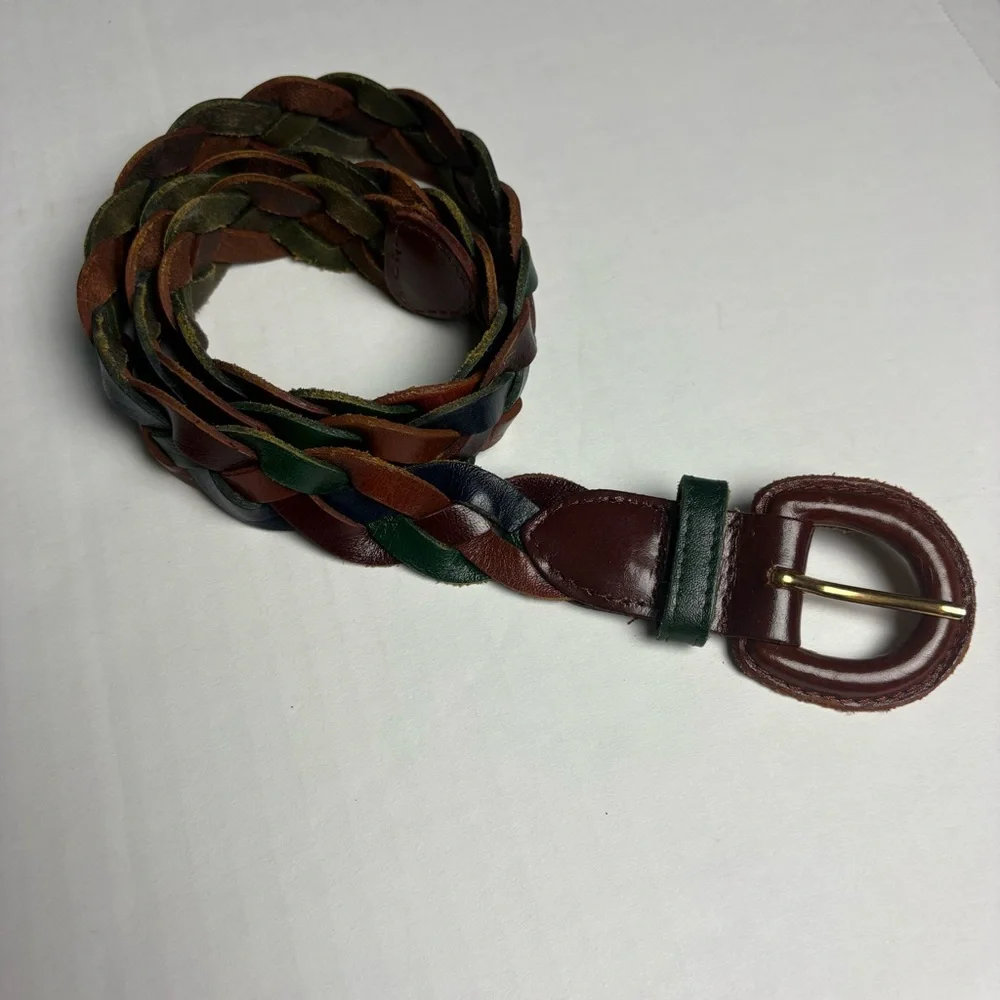 Vintage Women's Medium Belt Leather Braided Y2K Green Maroon Brown K4020106